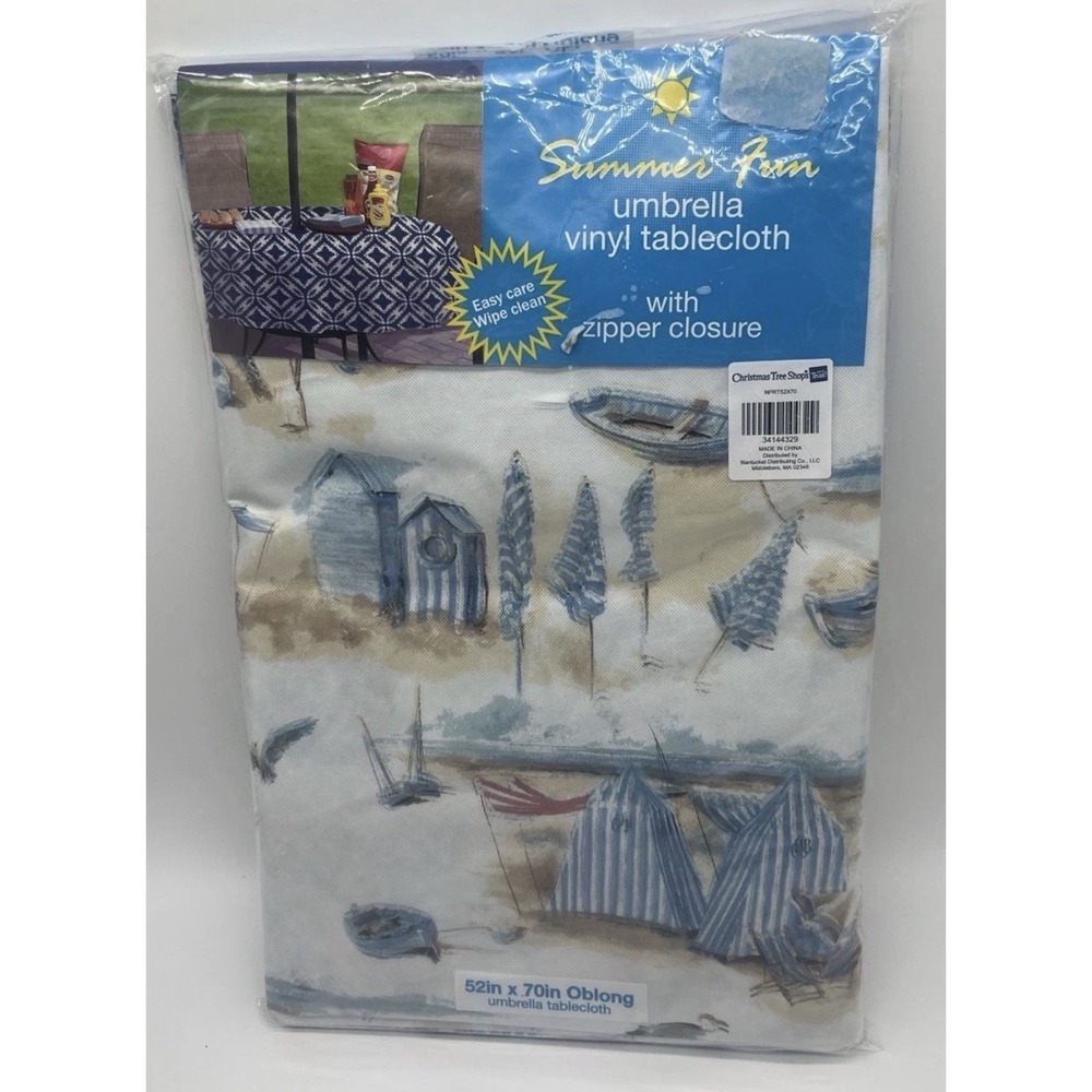Vinyl Tablecloth Summer Fun Umbrella Zipper Closure 52x70 Oblong Beach Scene New